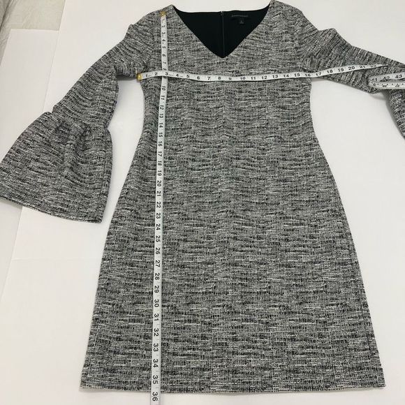 Banana Republic Black White Lined Bell Sleeve‎ V Neck Tweed Midi Dress Small - Picture 13 of 14